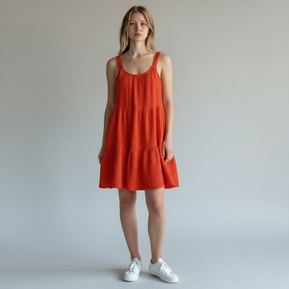 Marine Layer Womens Red Orange Cotton Double Gauze Tiered Mini Dress XS